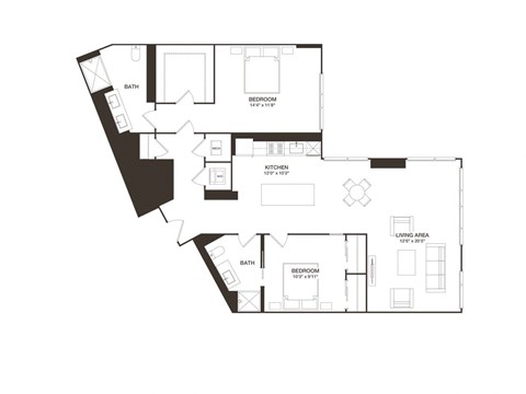 Floor plan for 2 beds, 2 baths, 1233 sqft
